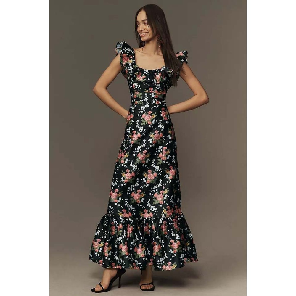 Louise New York Camille Dress Black Floral Brocade‎ Ruffle Maxi Size S NEW